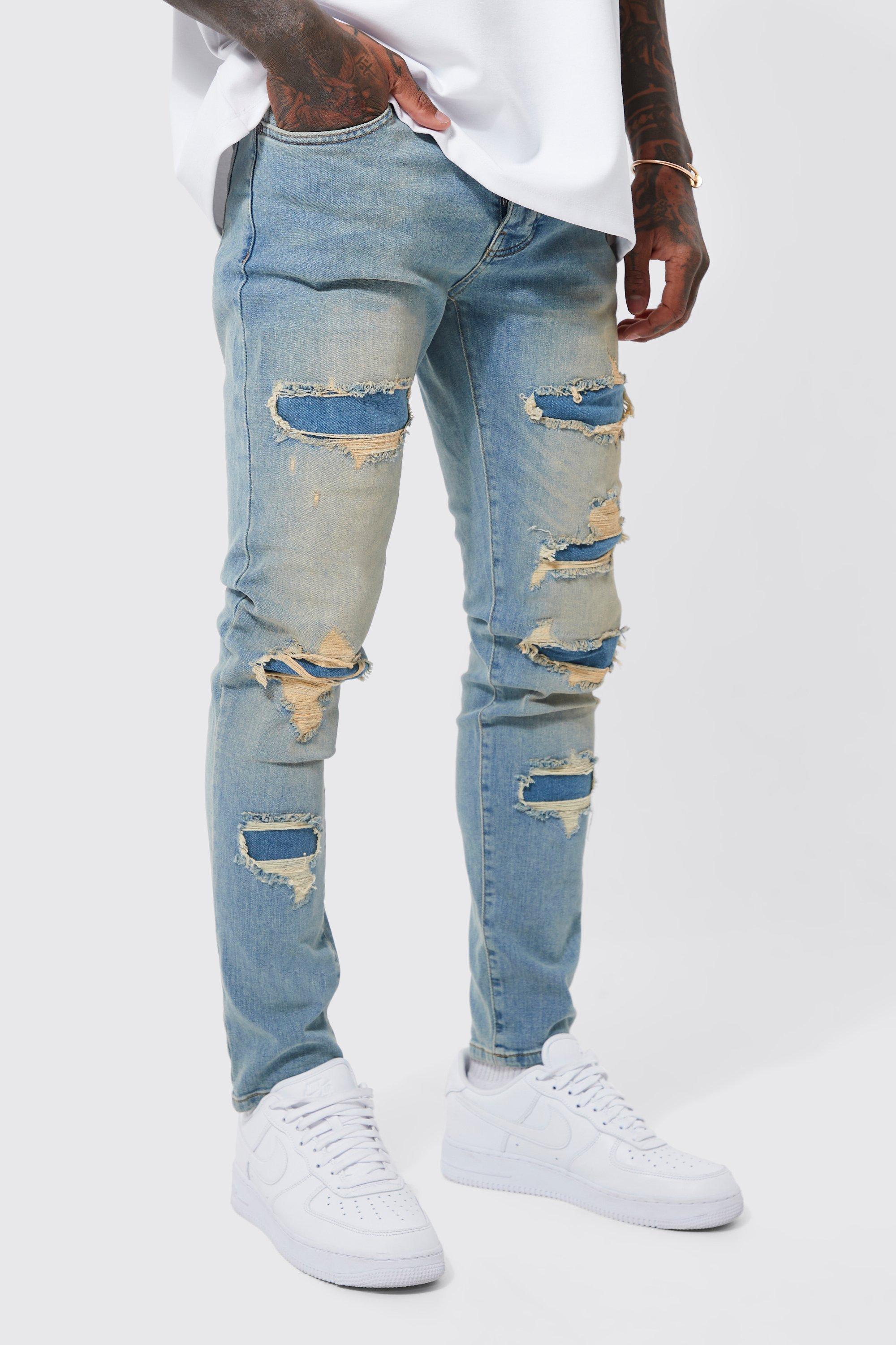 Men's Skinny Stretch Rip & Repair Jeans | Boohoo UK